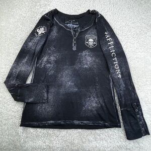 Affliction Live Fast Henley Studded Long Sleeve Top Black Womens XL